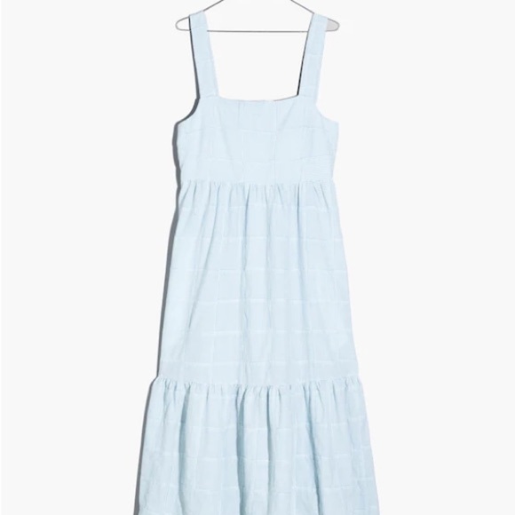 Madewell Cicely Tiered Midi Dress in Patchwork Light Blue Checkered Dress - Picture 3 of 9